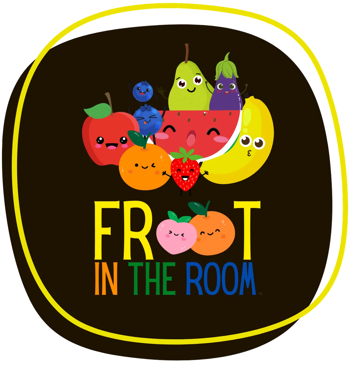 Froot in the Room fruit characters inside a yellow hand-drawn outline